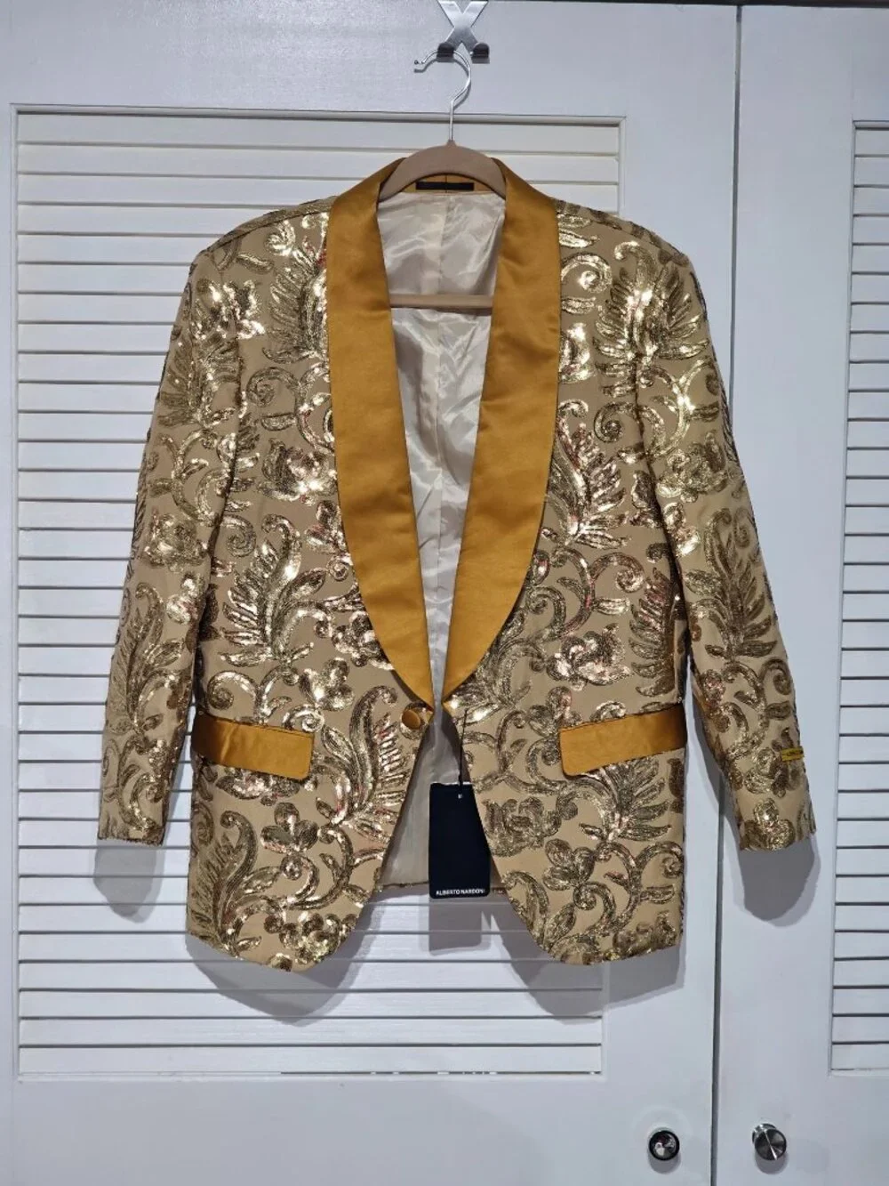 NWT Alberto Nardoni Men's Gold Sequin Blazer Shawl Collar Satin Trim Sz S 232